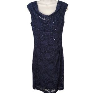 Lauren Ralph Lauren Womens SZ 8 Lace Sequin Cowl Neck Dress Navy Floral Coquette